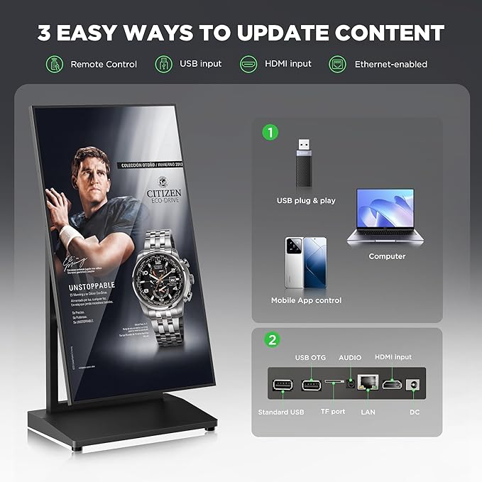 43 Inch Digital Signage Display, 4K 800 Nits UHD Full Screen LCD Advertising Kiosk, Portable Floor Standing Auto AD Player Android14 App-Based Control with USB/HDMI/WiFi