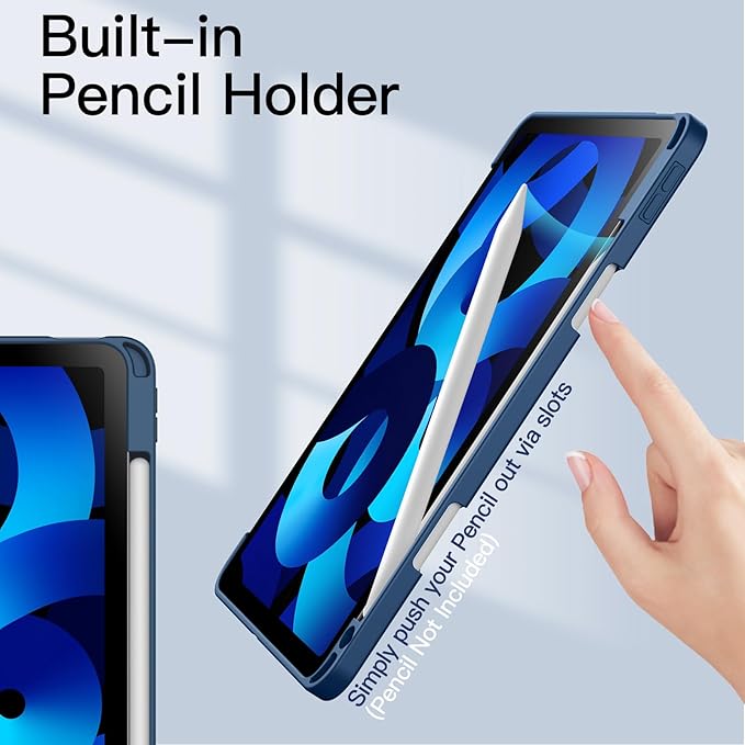 JETech Case ONLY for iPad Air 11-Inch M4/M3/M2 (2026/2025/2024), iPad Air 5/4 (2022/2020 5th/4th) with Pencil Holder, Clear Transparent Back Slim Stand Shockproof Tablet Cover (Navy)