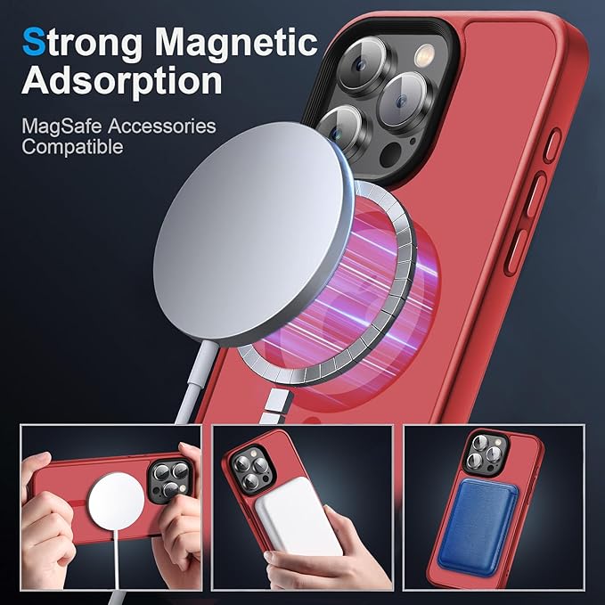 Strong Magnetic Case for iPhone 16 Pro Case [10FT-Grade Drop Tested & Compatible with MagSafe] Translucent Anti-Fingerprint Anti Shockproof Protective Shell 6.3 Inch, Red