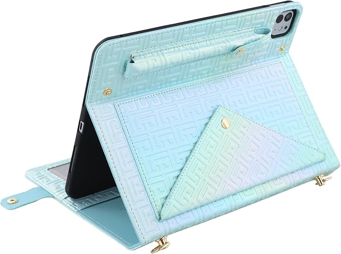 Shiny Case for iPad Pro 13" M5 M4 (2025/2024) Handbag Case, Techcircle Iridescent PU Leather Folio Envelope Pocket Stand Cover with Hand Strap+Shoulder Strap+Pencil Holder+Card Slots, Shiny Blue