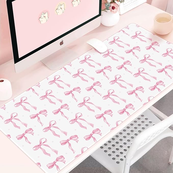 Large Desk Mat with Pink Bows, Cute Mouse Pad Pink Keyboard Mat for Computer Laptop Non-Slip Rubber Base, Girly Office Mat Desktop Pad Office Supplies Accessories for Teen Girls Women 35.4 x 15.7in