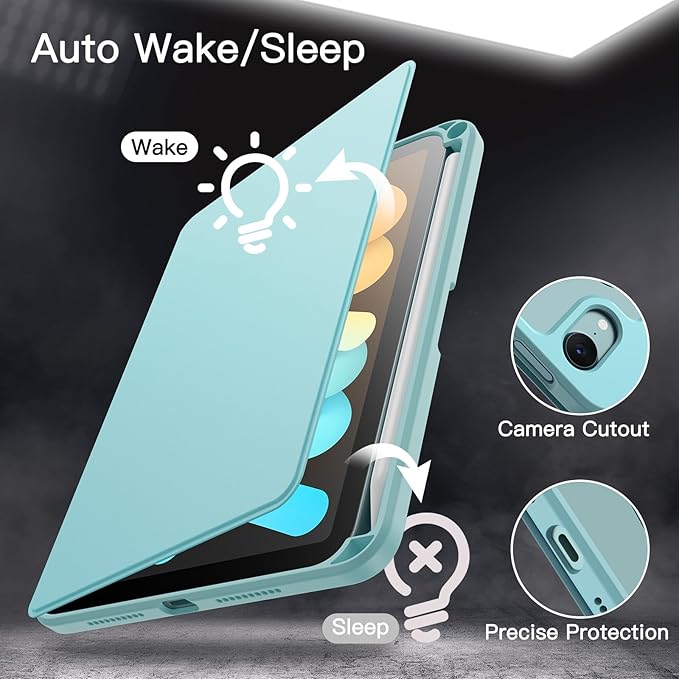 JETech Rotating Case for iPad mini (A17 Pro, 2024 Model, 7th Generation) / mini 6 (2021 Model, 6th Generation), 360 Degree Rotation Protective Stand Cover Clear Back (Blue)