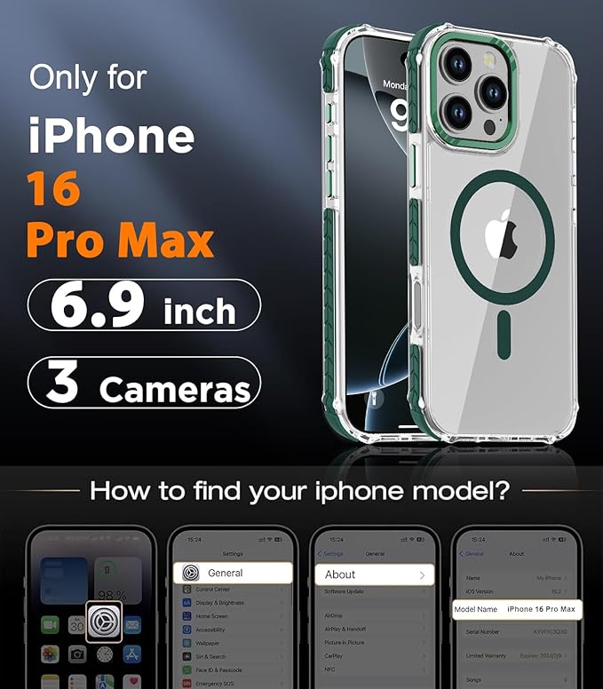 DEERLAMN Strong Magnetic Case for iPhone 16 Pro Max 6.9-Inch,[Compatible with Magsafe][Military Grade Drop Protection] Clear Slim Shockproof Protective Phone Cover-Transparent+Green