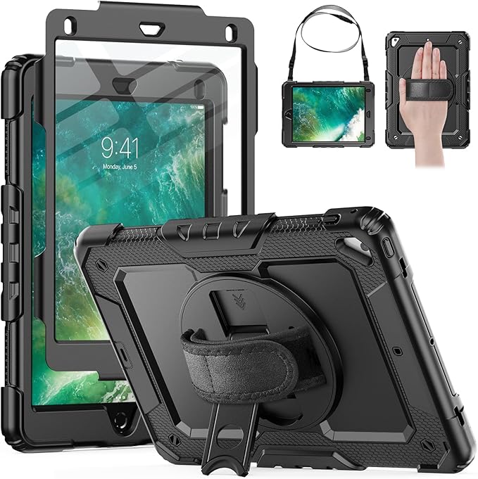HXCASEAC Rugged Case for iPad Pro 9.7, iPad Air 2, 9.7 inch, Full Body Protective Design with Pencil Holder, Built-in Screen Protector, Rotating Stand, Hand Strap, for iPad Air 2 Hard Case (Black)