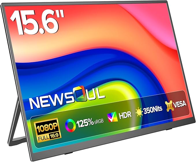 Newsoul Portable Monitor 15.6 Inch, 125% sRGB Laptop Monitor Built-in 0~180°Adjustment Stand | Speaker | VESA, HDMI USB-C Plug&Play, Ultra-Thin Second Extender Screen for Phone Game Console