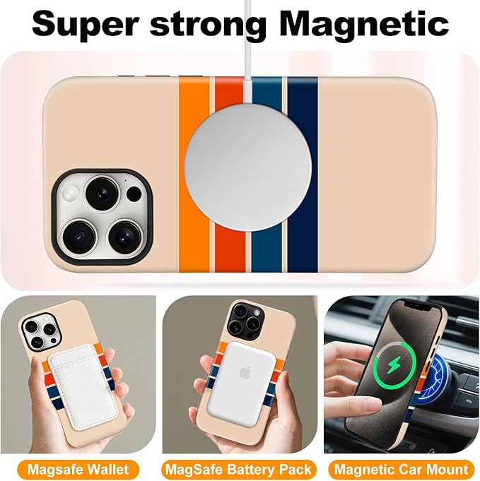 Magnetic for iPhone 16 Pro Max Case Cute Stripes Phone Case, Shockproof Slim TPU and Hard PC Protective Phone Cover Compatible with MagSafe Designed for Women Girls,Retro
