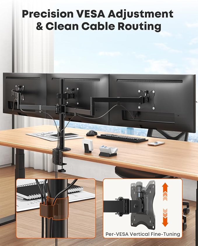 Triple Monitor Mount,3 Monitor Desk Mount Fits 13-27 inch Screens,Triple Monitor Stand Fully Adjustable with Cable Management,22 lbs Weight Capacity per Arm,VESA 75/100mm