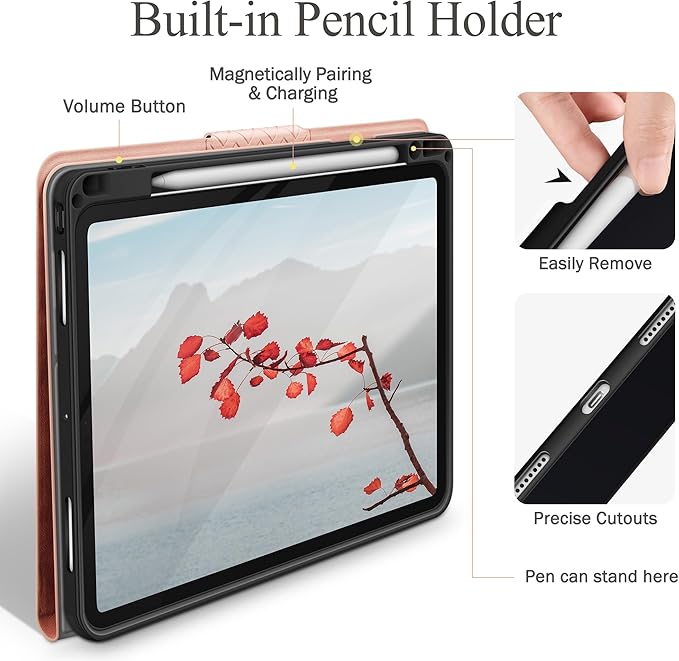 auaua Case for iPad Pro 13 Inch (M5/M4) 2025/2024, PU Leather Case with Pencil Holder, Supports Pencil Pro and Pencil(USB-C), Adjustable Angles, Auto Sleep/Wake (Pink)