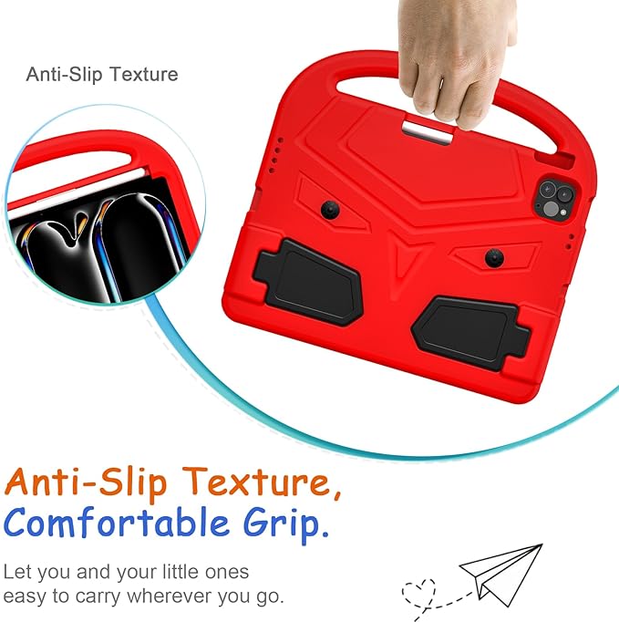 Kids Case for iPad Pro 11" M5 2025/M4 2024 & iPad Air 11" M3 2025/M2 2024, Techcircle Child Shock Proof EVA Protective [Support Pencil Charging] Handle Stand Cover, Red