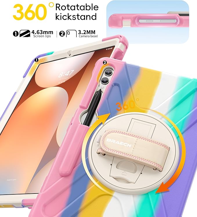 BRAECN for Samsung Galaxy Tab S10+ Plus/S9+/S9 FE + /S8+ Plus/S7 +Plus /S7 FE 12.4 Inch,Heavy Duty Shockproof Case with S Pen Holder&360 Rotating Hand Strap/Kickstand/Shoulder Strap -Rainbow