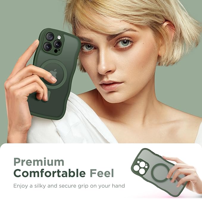 CAPRARO for iPhone 16 Pro Case for Women Girls, Upgraded [Full Camera Protection] [Compatible with MagSafe] Cute Wave Translucent Matte Phone Case for iPhone 16 Pro, Deep Green