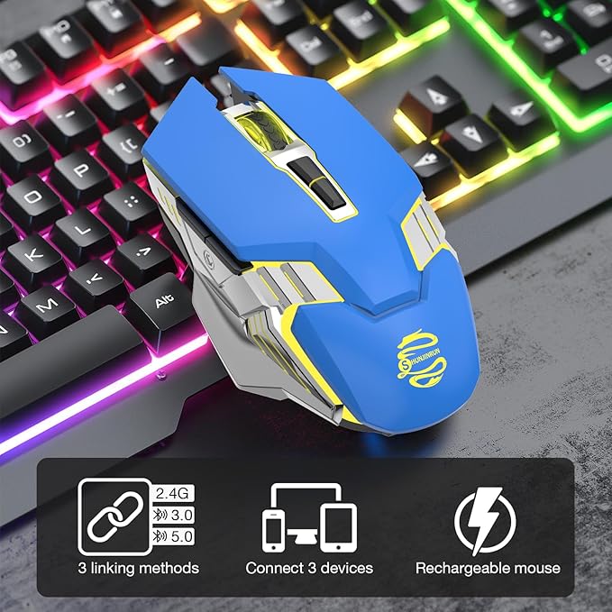 Bluetooth Wireless Gaming Mouse, RGB Rechargeable USB Wireless Mouse, Quiet Click, LED Backlit, Ergonomic, with Side Button, DPI Adjustable Computer Mice for Laptop PC MacBook Chromebook - Blue