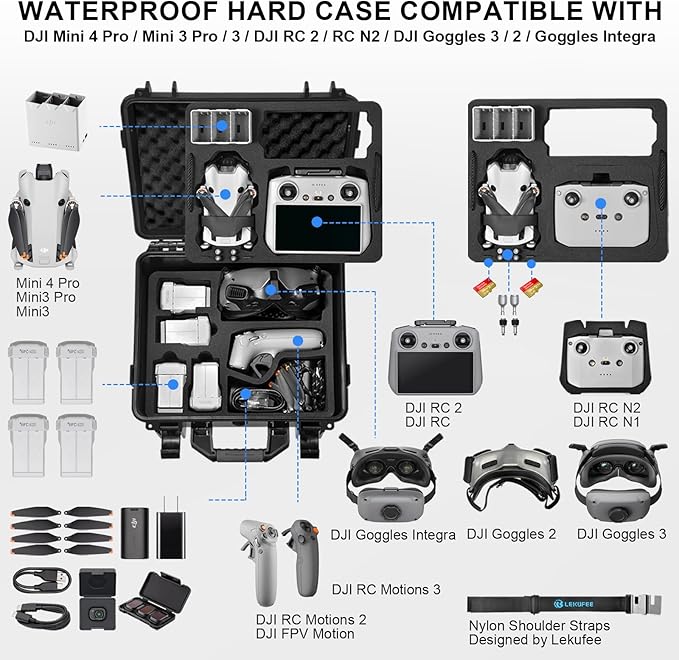 Lekufee Portable Waterproof Hard Case for DJI Mini 4 Pro/3 Pro/3 Drone, RC 2/RC N3/N2, Goggles 2/3/Integra, RC Motion 2/3 and Accessories(Case Only)