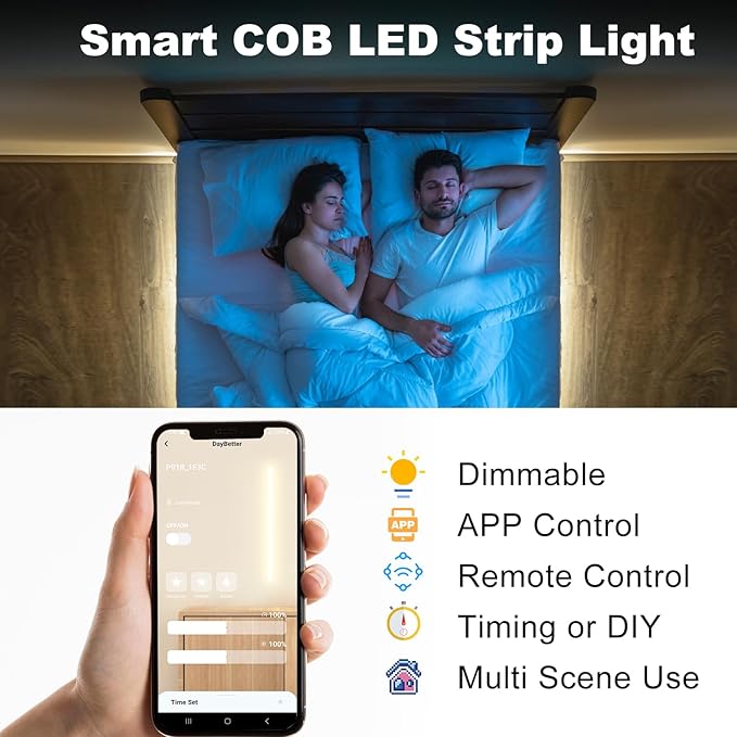 DAYBETTER COB LED Strip Light,LED Lights 32.8ft,Natural White 4000K Dotless Strip Lights,3200 LEDs Super Bright Dimmable 24V Flexible Tape Lights with Remote and App,Bedroom,Kitchen,Cabinets Lighting