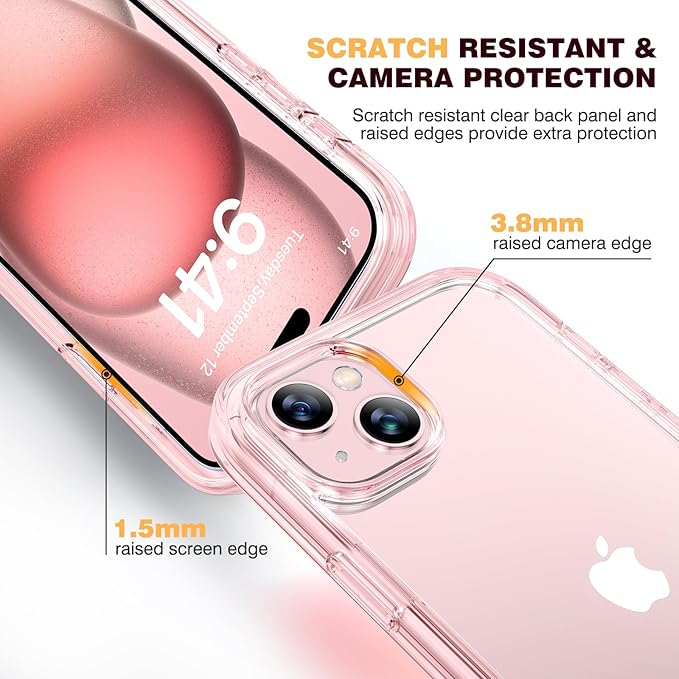 Diaclara Designed for iPhone 15 Plus Case 6.7 Inch, Full Body Rugged Case with Built-in Touch Sensitive Anti-Scratch Screen Protector + Glass Camera Lens Protector for iPhone 15 Plus,Clear Pink