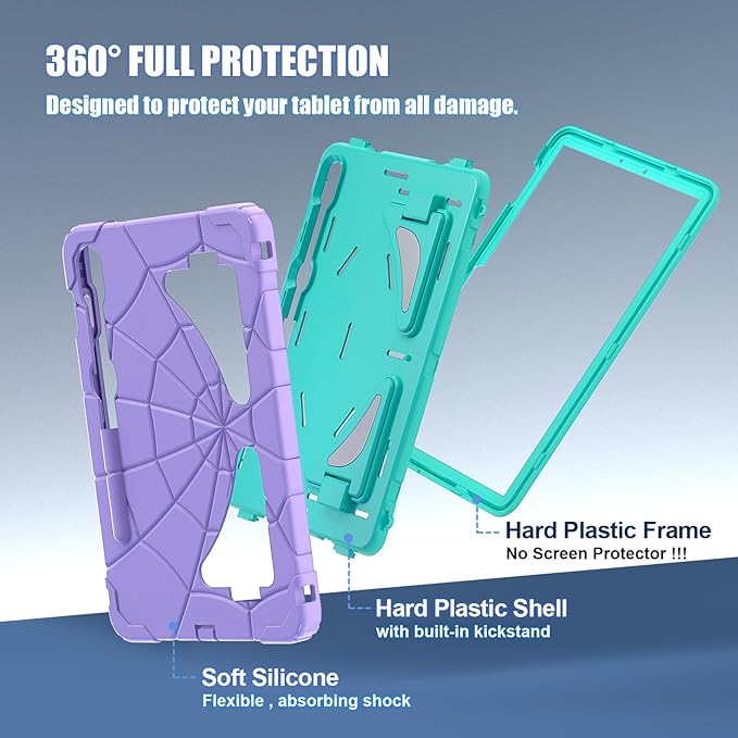 AKABEILA Compatible with Samsung Galaxy Tab S7/S8/S9/S9 FE 11 inch(2023) Tablet Case，Lightweight Shockproof Rugged Protective Cover with Kickstand for Kids Children Boys Babies Purple Mint Green
