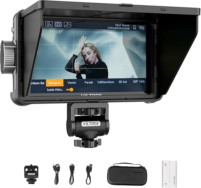 VILTROX 5.5 Inch 1200nits 4Kp30 HDMI Video Field Monitor, 10bit HDR Daylight Viewable 1920 x 1080 Portable Monitor Recorder, Hot Shoe Mount, Battery, Sunshine Hood