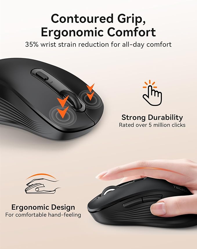 TECKNET Rechargeable Bluetooth Mouse, [ USB + BT5.0 + BT3.0 ] Wireless Mouse, Ergonomic Design, Silent Click, 6-Level 4800 DPI Wireless Mice, 3-Device Switching for Laptop, Computer, MacBook（Charcoal）