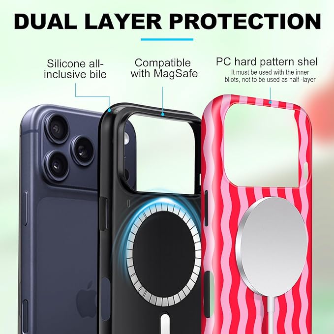 Magnetic for iPhone 17 Pro Case Cute Wavy Stripes Phone Case, Shockproof Slim TPU and Hard PC Protective Phone Cover Compatible with MagSafe Designed for Women Girls, Red