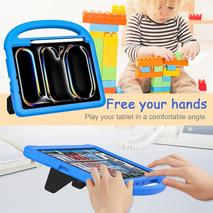Kids Case for iPad Pro 11" M5 2025/M4 2024 & iPad Air 11" M3 2025/M2 2024, Techcircle Child Shock Proof EVA Protective [Support Pencil Charging] Handle Stand Cover, Blue