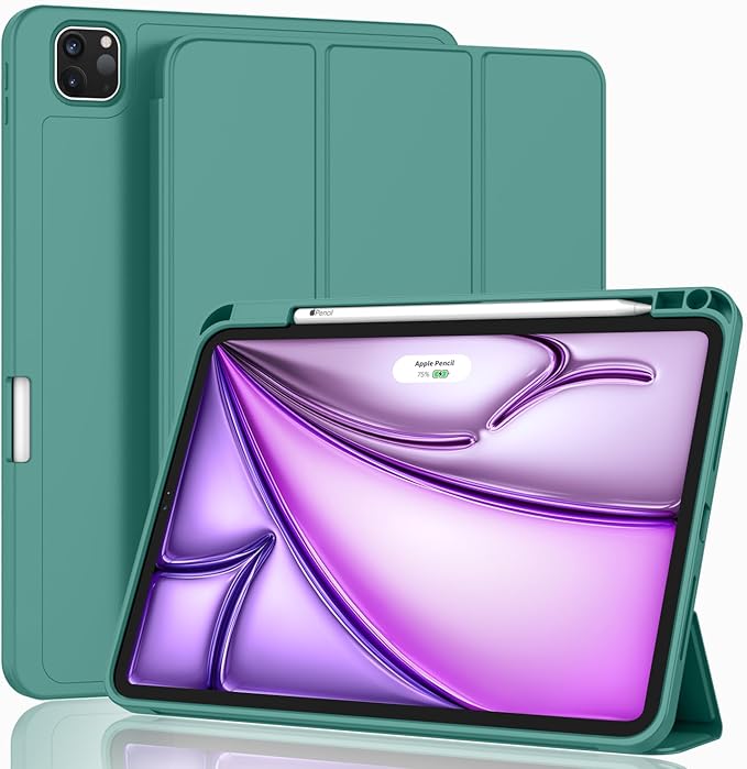 ZryXal New iPad Air 13 Inch Case M3 2025/M2 2024 with Pencil Holder, Trifold Stand Smart Case with Soft TPU Back,Auto Wake/Sleep(Forest Green)