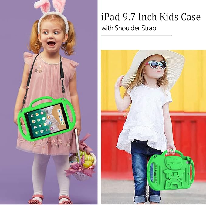 LTROP Kids Case for iPad 5th/6th Generation (2017/2018) & Air 2, Shoulder Strap Handle Stand Shockproof Bumper Cute Kid Case for iPad 9.7 Inch, Green
