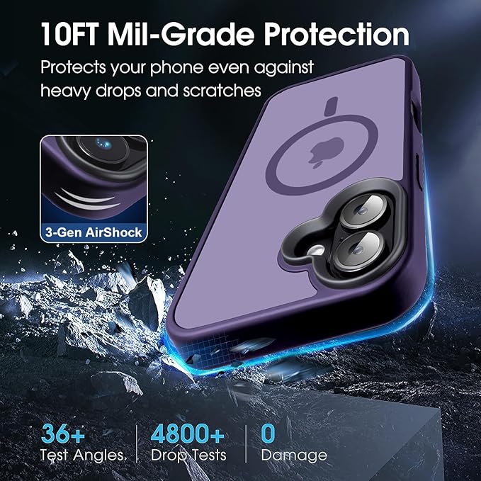 Strong Magnetic Case for iPhone 16 Case [16FT-Grade Drop Tested & Compatible with MagSafe] Translucent Anti-Fingerprint Shockproof Protective Cover 6.1 Inch, Deep Purple