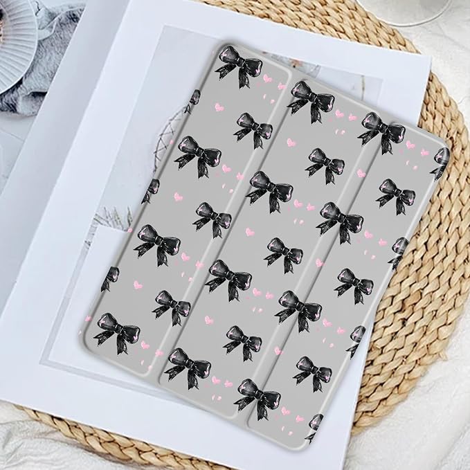 JOYLAND Cute Y2K Black Bow Case for iPad (A16) 11th Gen 2025 11-inch/10th Gen 2022 10.9 inch, Girly Clear Acrylic Hard Back Grey Case with Pencil Holder Trifold Stand Tablet Cover for Women