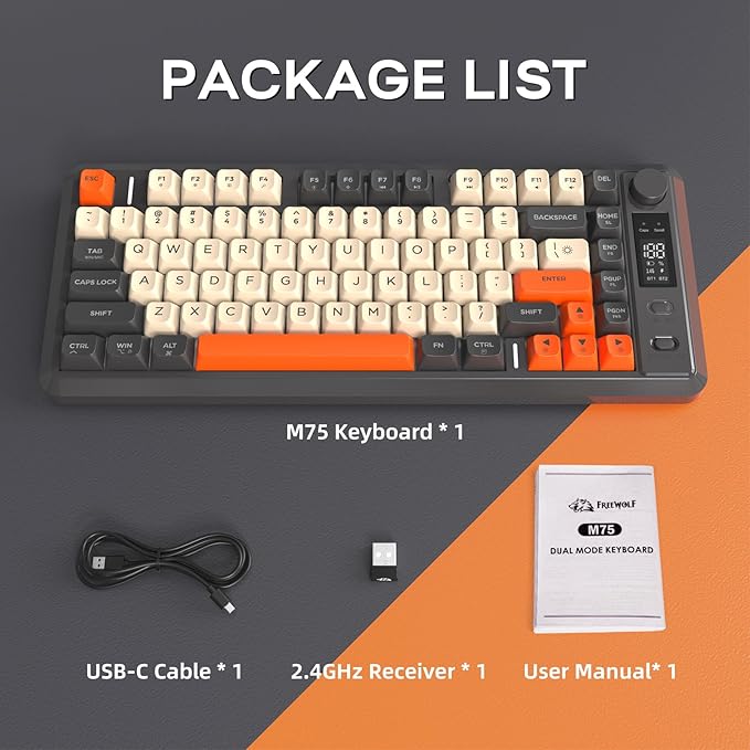 FREEWOLF M75 Wireless Gaming Keyboard Mechanical Feel Membrane with Knob & OLED Display Bluetooth/2.4Ghz Rainbow Backlit Gradient PBT Keycaps 2000mAH Battery Anti-Ghosting-Dark Grey