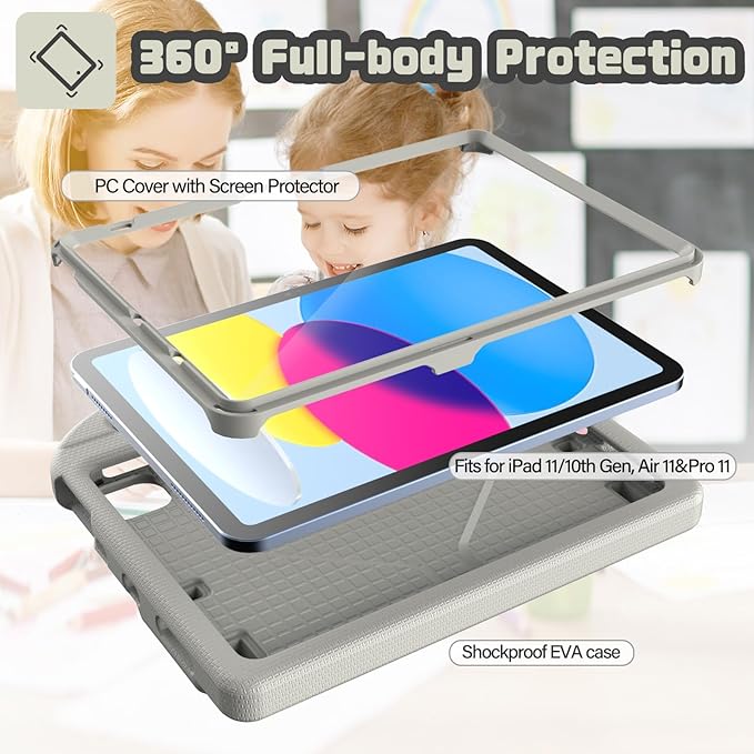 YIHE Kids Case for iPad (A16) 11th Generation 11 Inch 2025 & iPad 10th Generation 10.9 inch 2022, with Built-in Screen Protector and Stable Stand, Full Body Shockproof Protective Cover - Light Grey