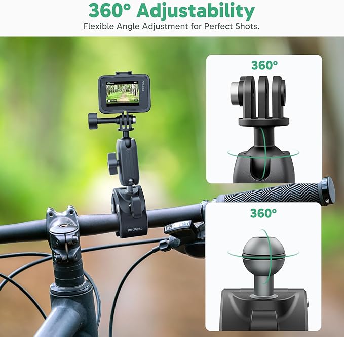 AKASO Motorcycle Handlebar Clamp Mount Mountain Bike Pole Mount for GoPro 13 12 11 10 9, EK7000/EK7000 Pro, Brave 4/4 Pro, Brave 7/7 LE, V50 X, V50 Elite Action Cameras