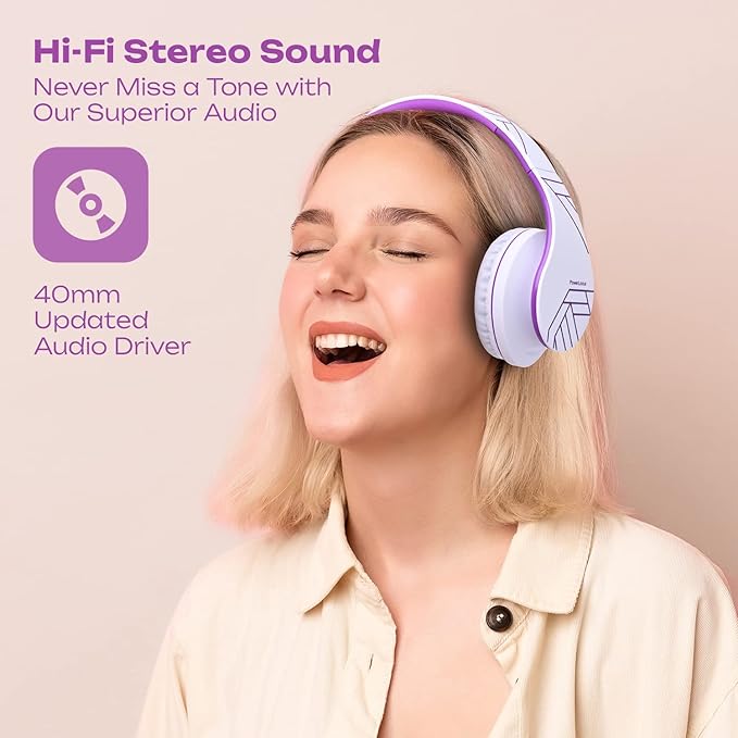 PowerLocus Bluetooth Over-Ear Headphones, Wireless Stereo Foldable Headphones Wireless and Wired Headsets with Built-in Mic, Micro SD/TF, FM for iPhone/Samsung/iPad/PC (White/Violet)