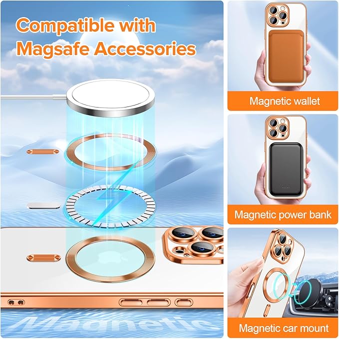 Hython Magnetic Clear for iPhone 16 Pro Case with Camera Lens Protector [Compatible with MagSafe] Luxury Plating Edge Slim Soft TPU Cover Protective Phone Case for iPhone 16 Pro 6.3", Orange