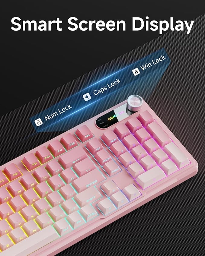 EWEADN V102 Wired Keyboard, 98 Keys Creamy Gaming Keyboard with Number Pad, Display Screen & Media Knob RGB Silent Wired Cute Computer Keyboard for Laptop PC Gamer - Gradient Pink