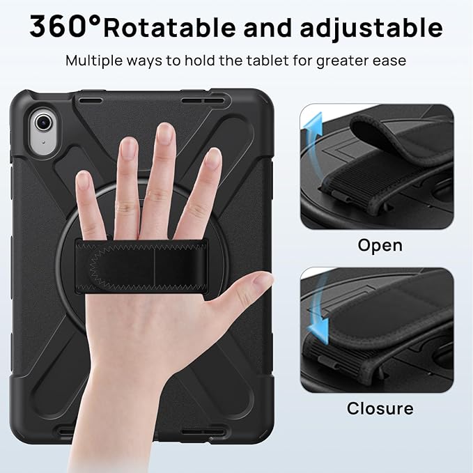 Gerutek Case for iPad (A16) 11th/10th Generation 11"/10.9" (2025/2022), Full-Body Shockproof Protective Case with Screen Protector, 360° Rotating Stand, Hand/Shoulder Strap, Pencil Holder - Black