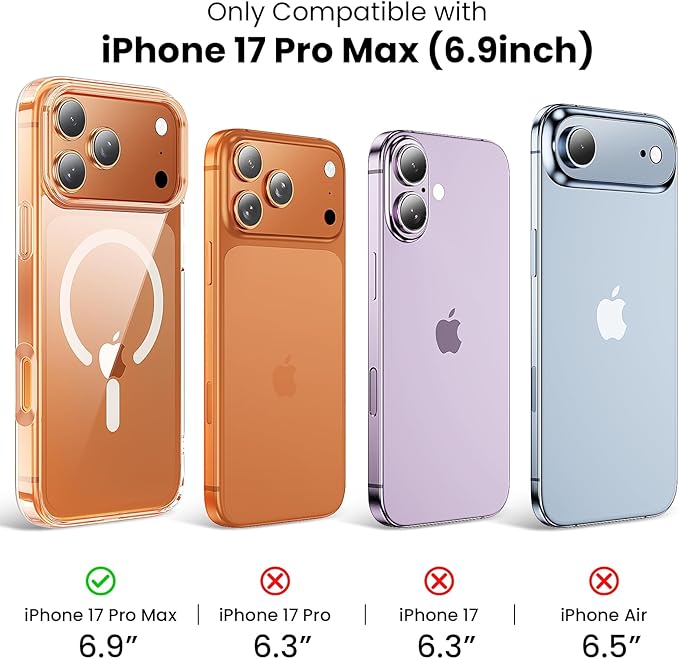 Anti-Yellowing Strong Magnetic for iPhone 17 Pro Max Case, with Camera Lens Protector [Compatible with MagSafe] [12FT Military Grade Drop] Slim Thin iPhone Cover 6.9 Inch, Clear