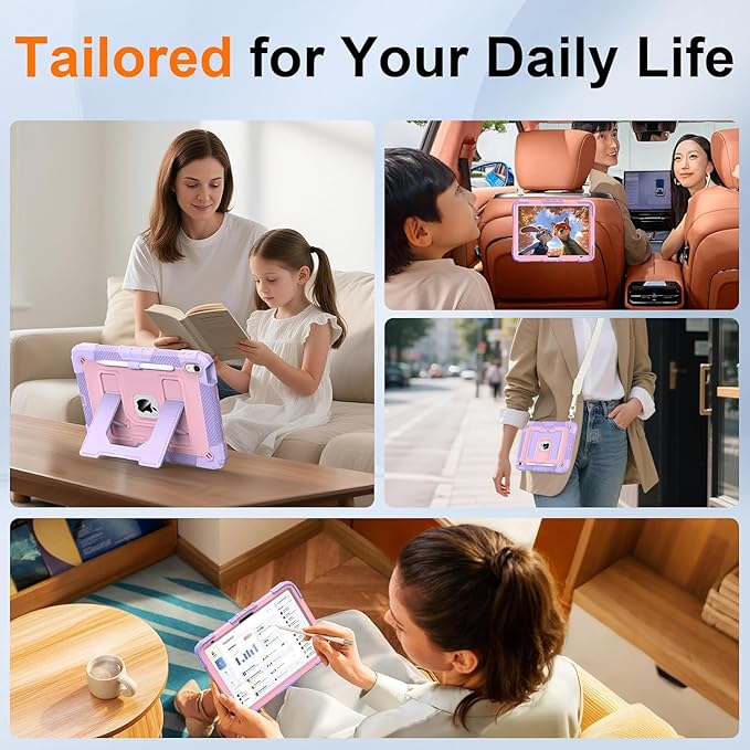 DreamerX Case for iPad A16 11th Generation 11 inch 2025 for Girls Kids, iPad 10th Gen 10.9 inch 2022 Girly Women Cute Silicone Protective Cover with Stand/Shoulder Strap/Pencil Holder Purple Rose Gold