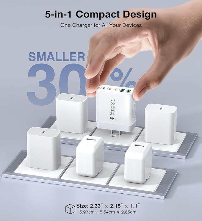 USB C Charger Block, [2-Pack] 60W 5-Port Fast Charger 20W Type C Charging Block 3.1A USB Wall Charger Dual Port PD+QC Charging Cube for iPhone 17 16 15 14 13 12 Pro Max XS, iPad, Samsung Phone, Tablet