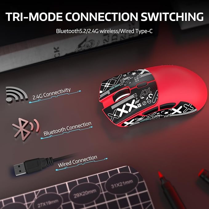 ATTACK SHARK R1 Wireless Gaming Mouse,Tri-Mode Connection (2.4G/Wired/BT5.2),55g Lightweight,18K DPI Optical Sensor,HUYU 20 Million Key Life,Ergonomic Design,for PC/Laptop/Win/Mac(Red+Sticker)