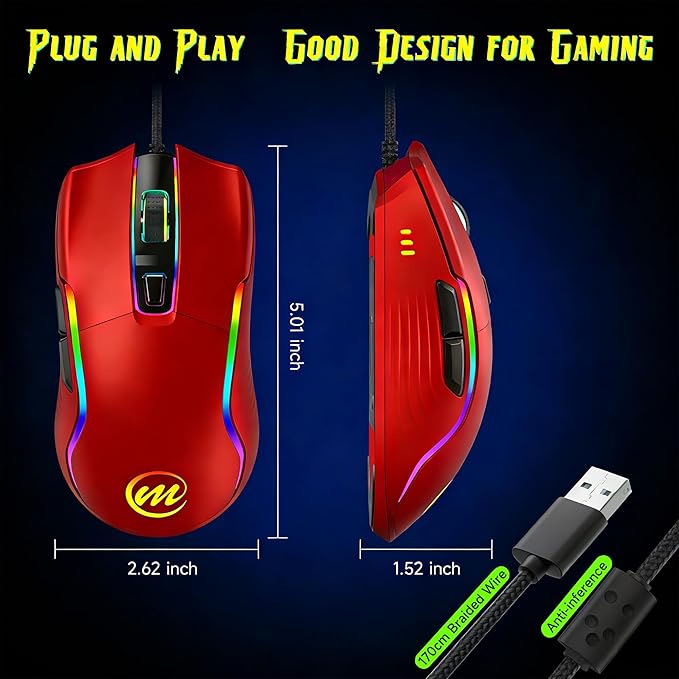 memzuoix Wired Gaming Mouse with RGB - 6 Adjustable DPI up to 12800, 6 Buttons, 12 Lighting Modes, Ergonomic Design with Anti-Slip Rubber Wheel, 5.6ft Braided Cable for PC/Mac/Windows - Red