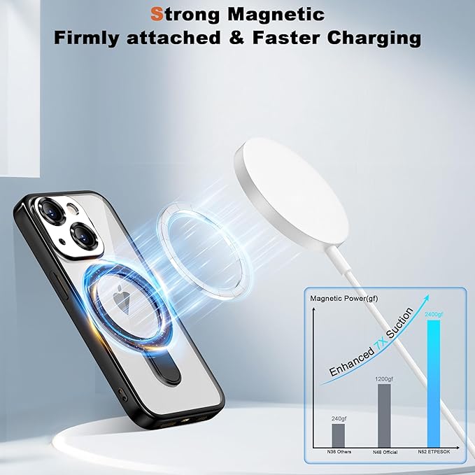 Compatible with iPhone 15 Plus Case with Invisible Magnetic Ring Stand [Compatible with Mag-Safe] [Full Camera Lens Protector] Plating Clear Phone Case for iPhone 15 Plus 6.7", Black
