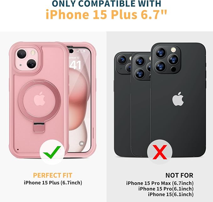 Diaclara Designed for iPhone 15 Plus Case 6.7'', Translucent Matte Back Slim Shockproof Full Body Rugged Case w/Built-in Screen Protector+Ring Stand,Black