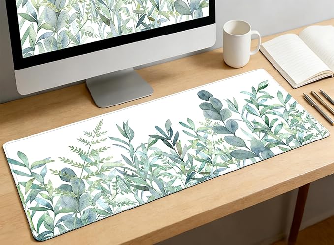 XXL Waterproof Office Desk Pad Protector 35.4x15.7 Inch - Extended Gaming Mouse Pad with Non-Slip Rubber Base, Thickened Keyboard Mat, Stitched Edges & Green Plants Design