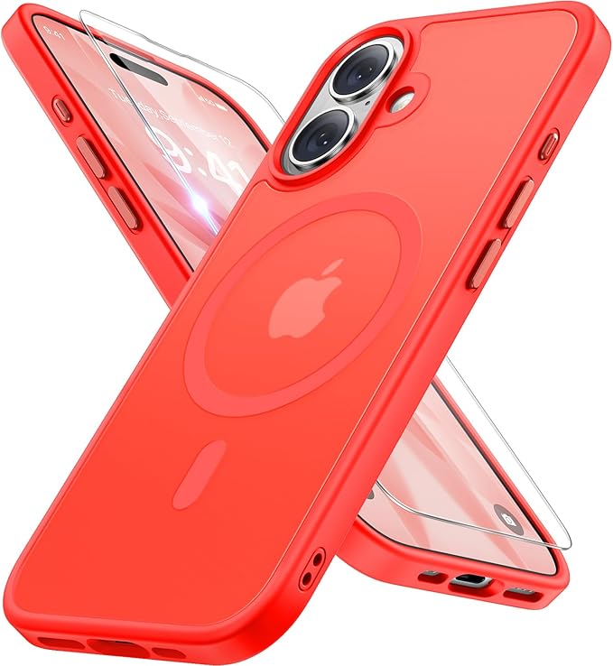 Miracase Magnetic for iPhone 17 Case (Compatible with MagSafe) with Screen Protector Military-Grade Protection, Anti-Fingerprint Translucent Matte Phone Cover for iPhone 17 6.3 inch, Red