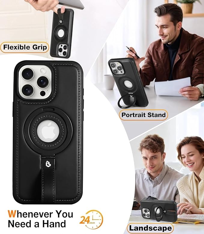 Butaiga for iPhone 15 Leather Case with Stand, Anti-Slip Grip Ring, Fits for MagSafe (Black, iPhone 15)