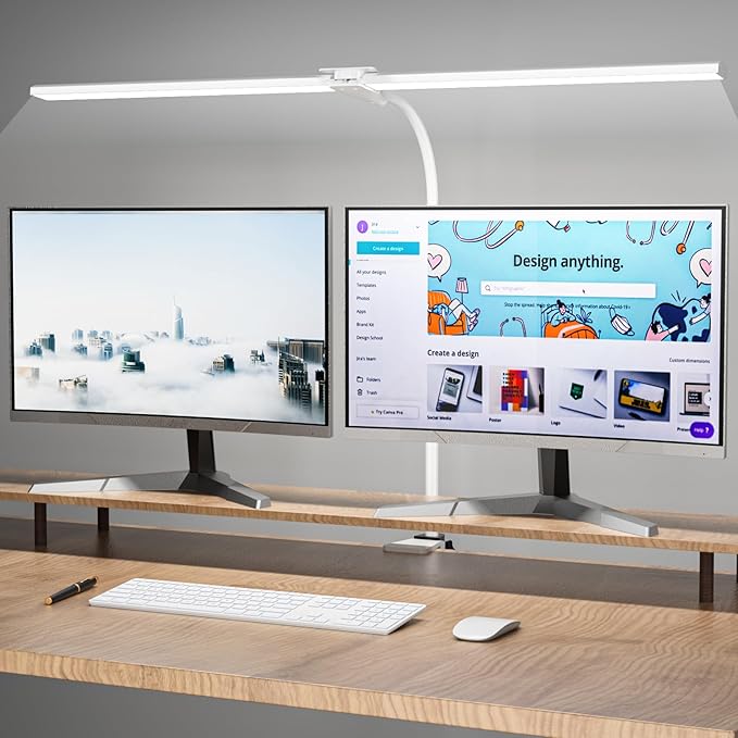 Hensam 31.5 Inch LED Desk Lamp, Double Head Desk Light with Clamp for Home Office, 5 Color Temperatures, Dimmable Task Lighting for Workbench Monitor Study, White