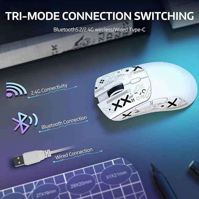 ATTACK SHARK R1 Wireless Gaming Mouse,Tri-Mode Connection (2.4G/Wired/BT5.2),55g Lightweight,18K DPI Optical Sensor,HUYU 20 Million Key Life,Ergonomic Design,for PC/Laptop/Win/Mac(White+Sticker)