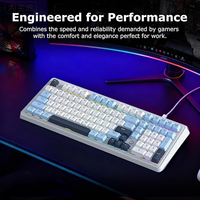 FIRSTBLOOD ONLY GAME. AK980 101-Key Hot-Swappable Mechanical Keyboard, Gasket Mount RGB Backlit, Programmable Macro, Full N-Key Rollover, with Dreamscape Linear Switches (Glacier Blue)