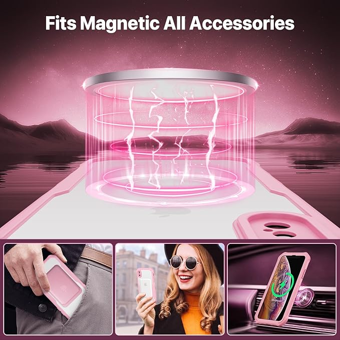 CENHUFO Magnetic Privacy for iPhone X Case/iPhone Xs Case, Full Body Phone Case Built-in 9H Tempered Glass Privacy Screen Protector [Compatible with Magsafe] Shockproof Bumper Clear Cover - Pink