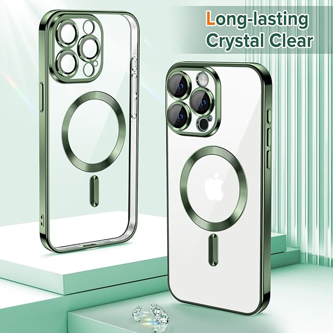 Hython Magnetic Clear for iPhone 15 Pro Case with Camera Lens Protector [Compatible with MagSafe] Luxury Plating Edge Slim Soft TPU Cover Protective Phone Case for iPhone 15 Pro 6.1", Deep Green